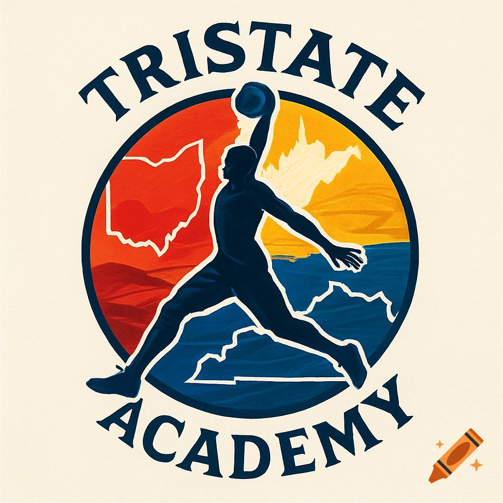 Logo for Tristate Academy featuring a basketball player dunking over state outlines of Ohio, West Virginia, and Kentucky.