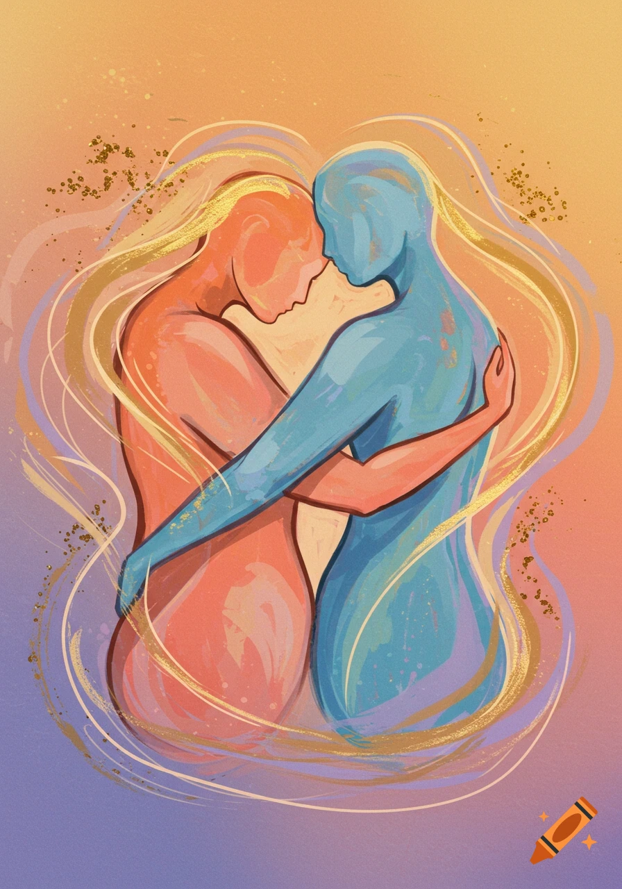 Abstract painting of two faceless figures, one orange-red and one blue, embracing amidst golden swirls.