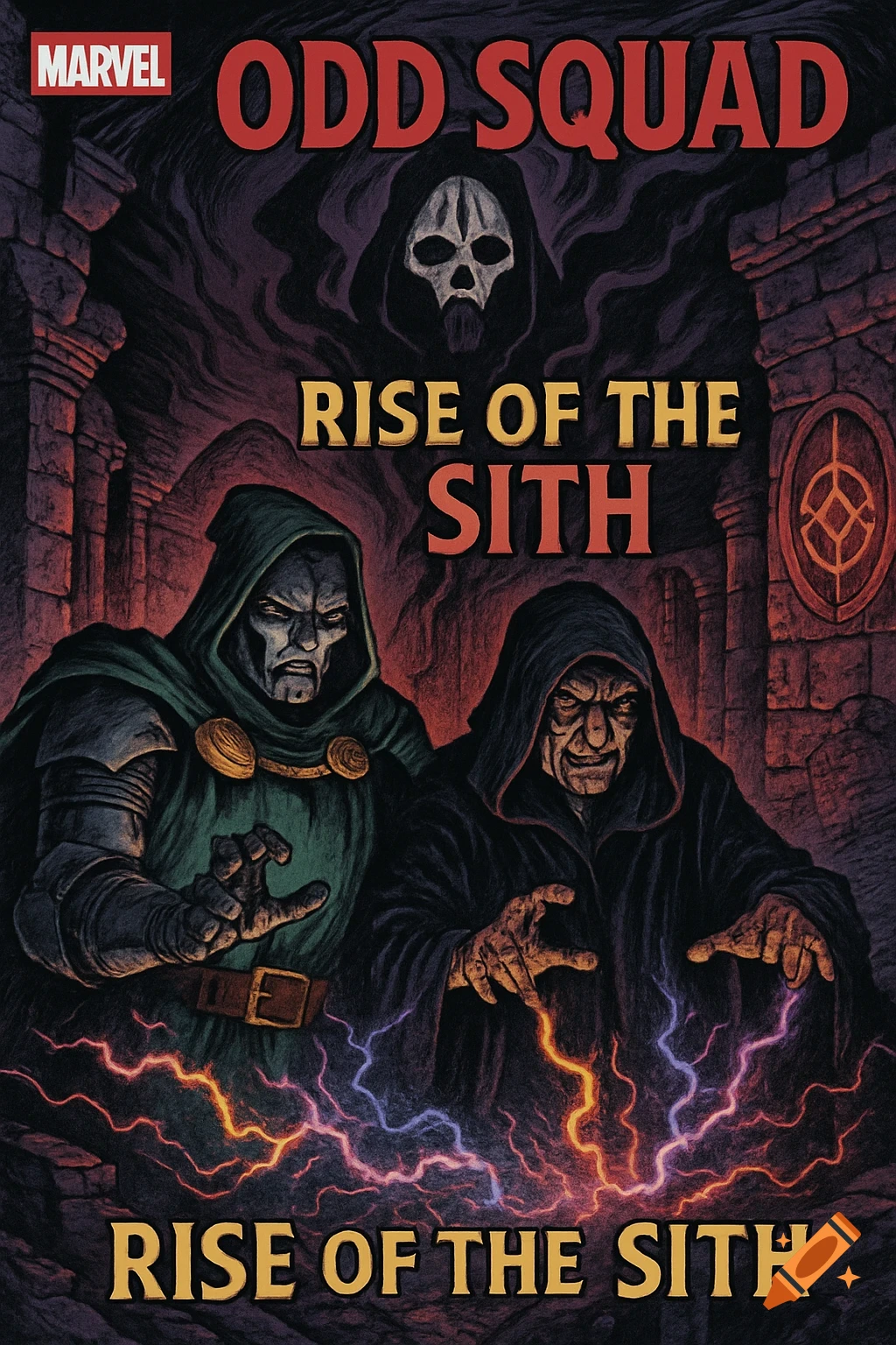 Comic book cover with Dr. Doom and a cloaked figure casting lightning, under a skull, with 'Marvel Odd Squad: Rise of the Sith' title.