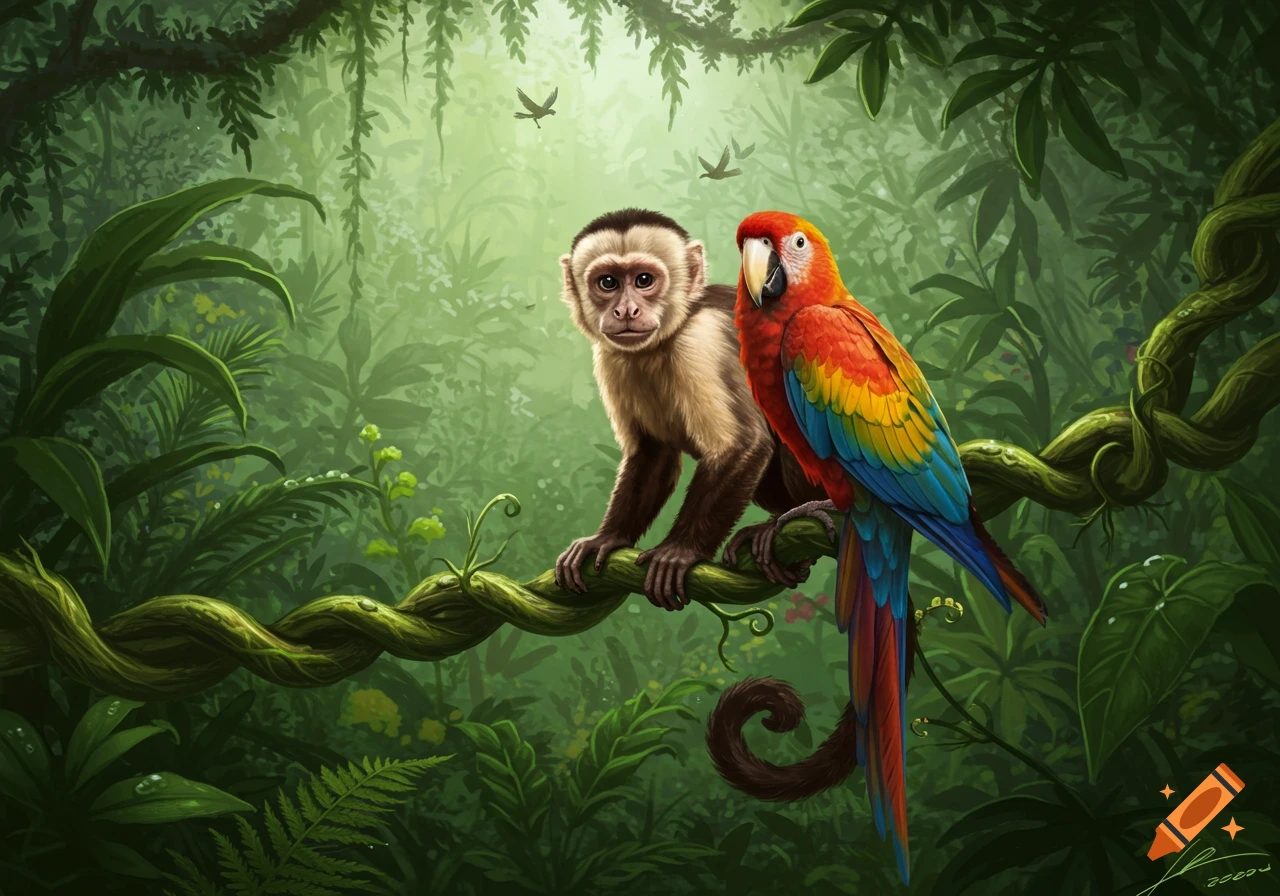 A capuchin monkey and a colorful scarlet macaw sit on a twisting vine in a vibrant green jungle.