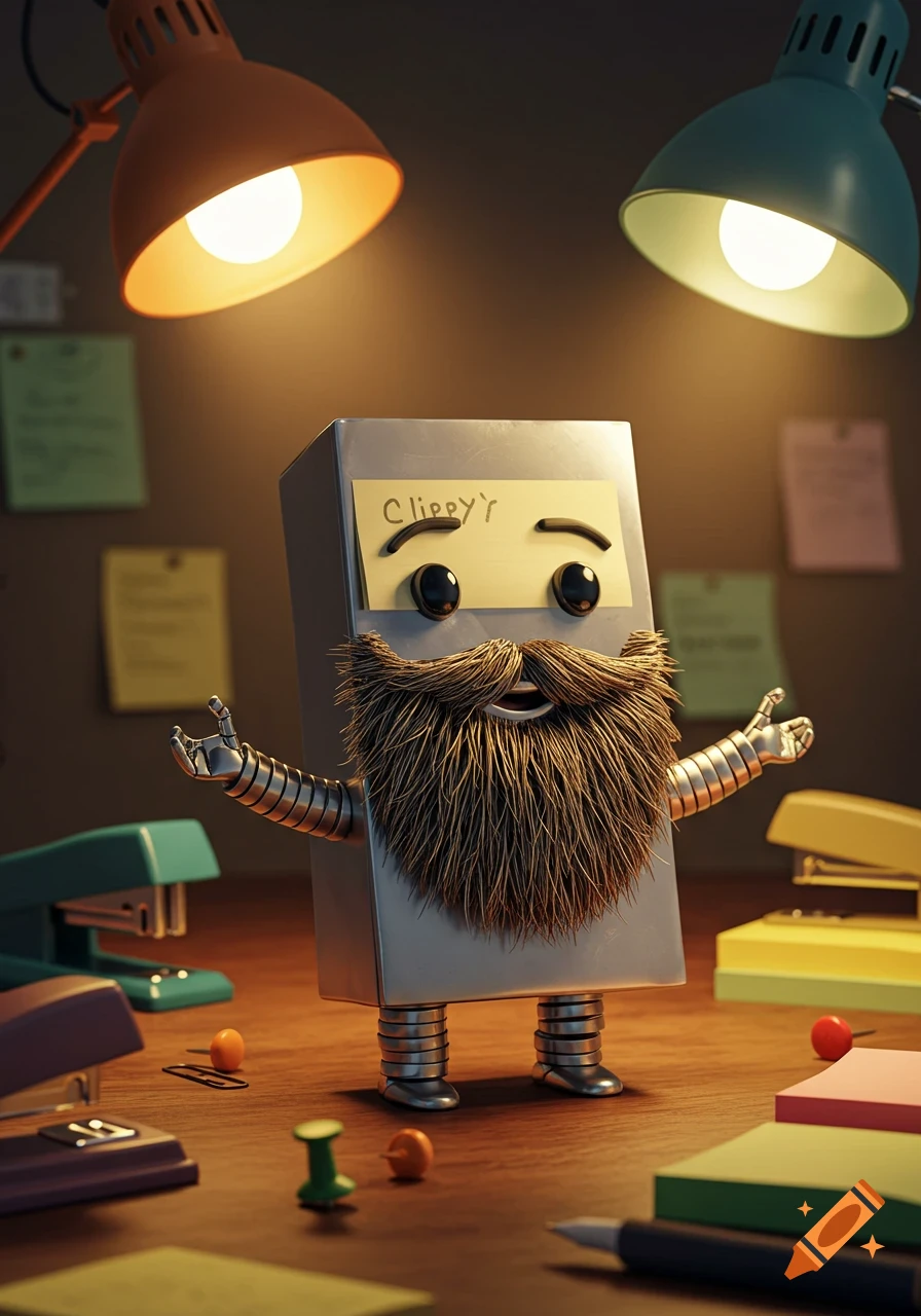 A whimsical, bearded robot character stands on a desk with office supplies, lit by two desk lamps.