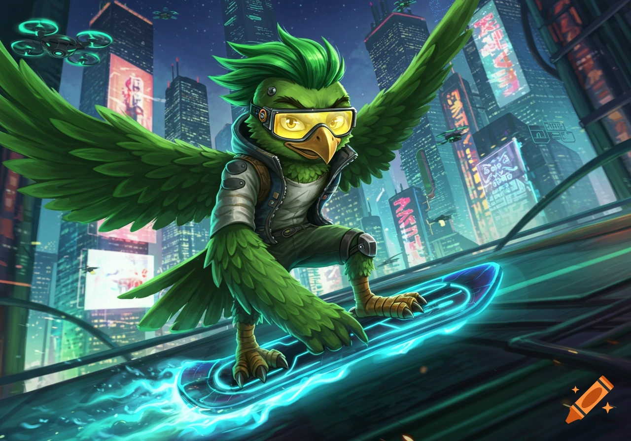 Green hawk character with mohawk and yellow goggles on a glowing hoverboard, racing through a cyberpunk city at night, anime style.