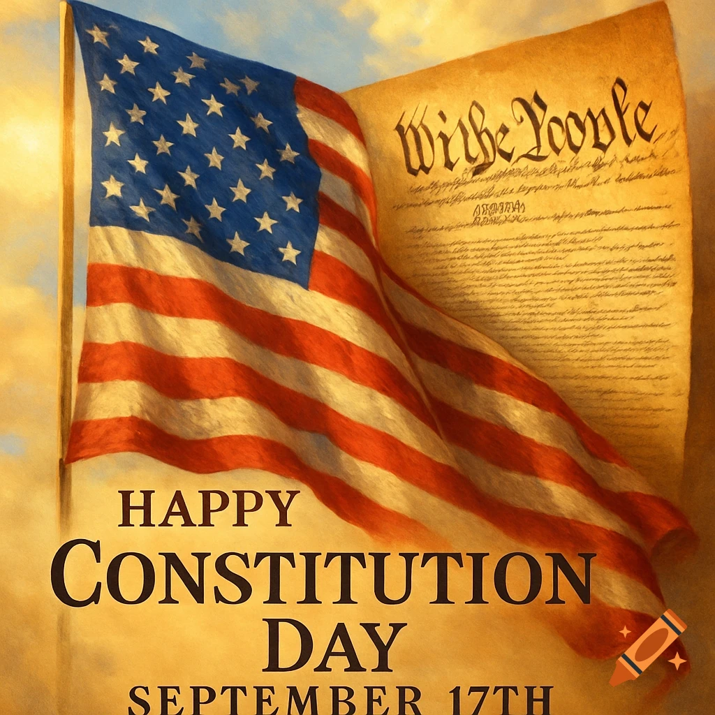 A stylized image featuring a waving American flag against a golden sky, with an open document resembling the U.S. Constitution displaying "We the People" in the background. Large text overlay reads "HAPPY CONSTITUTION DAY SEPTEMBER 17TH".