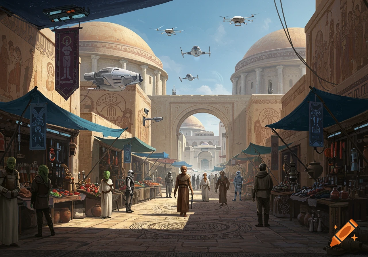 Bustling sci-fi market with alien vendors, stormtroopers, hovercraft, and drones under domed buildings.