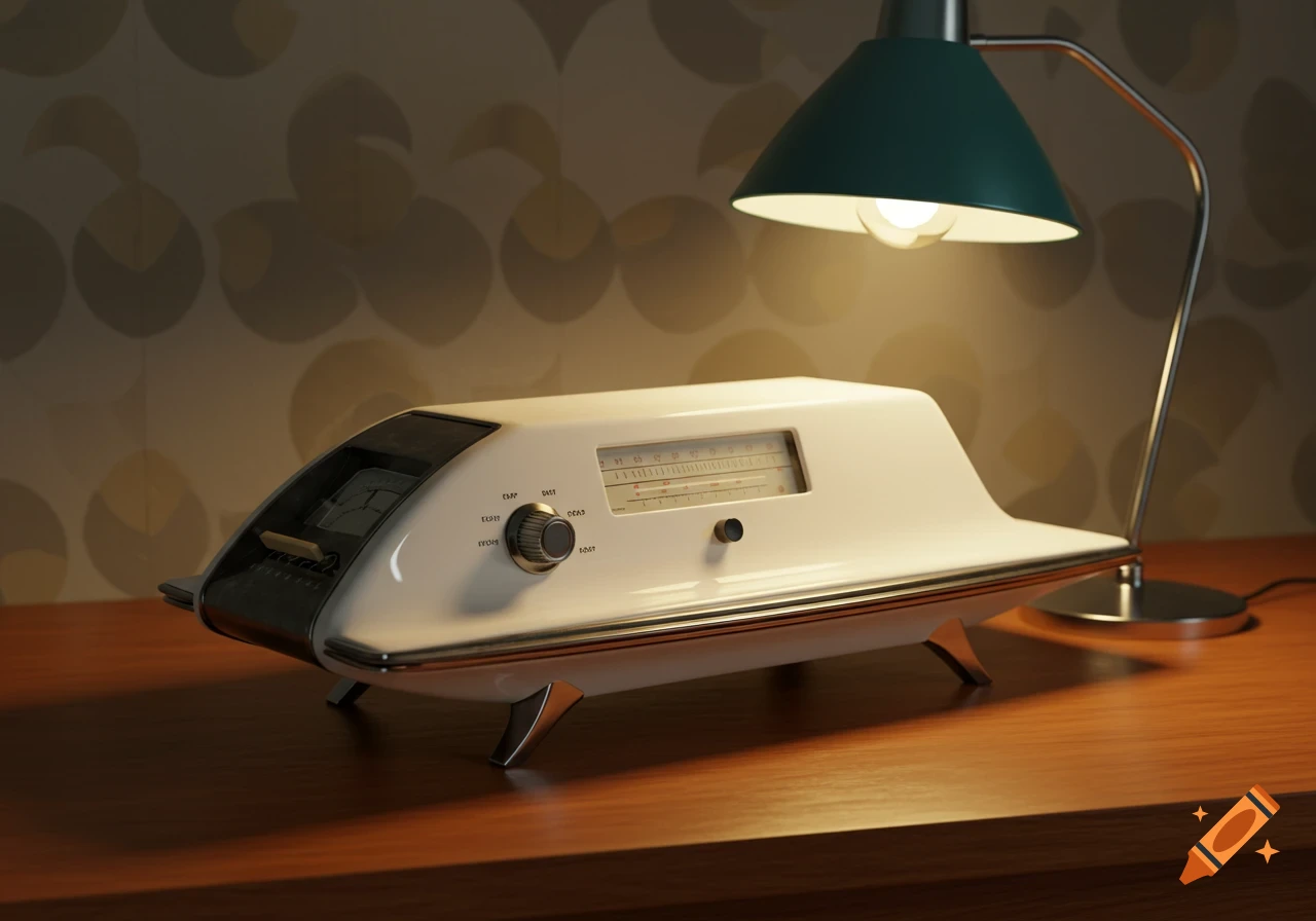 A retro-futuristic white and chrome radio with a tuning dial and control knobs sits on a wooden table, illuminated by a green-shaded desk lamp. The background features a patterned wallpaper.