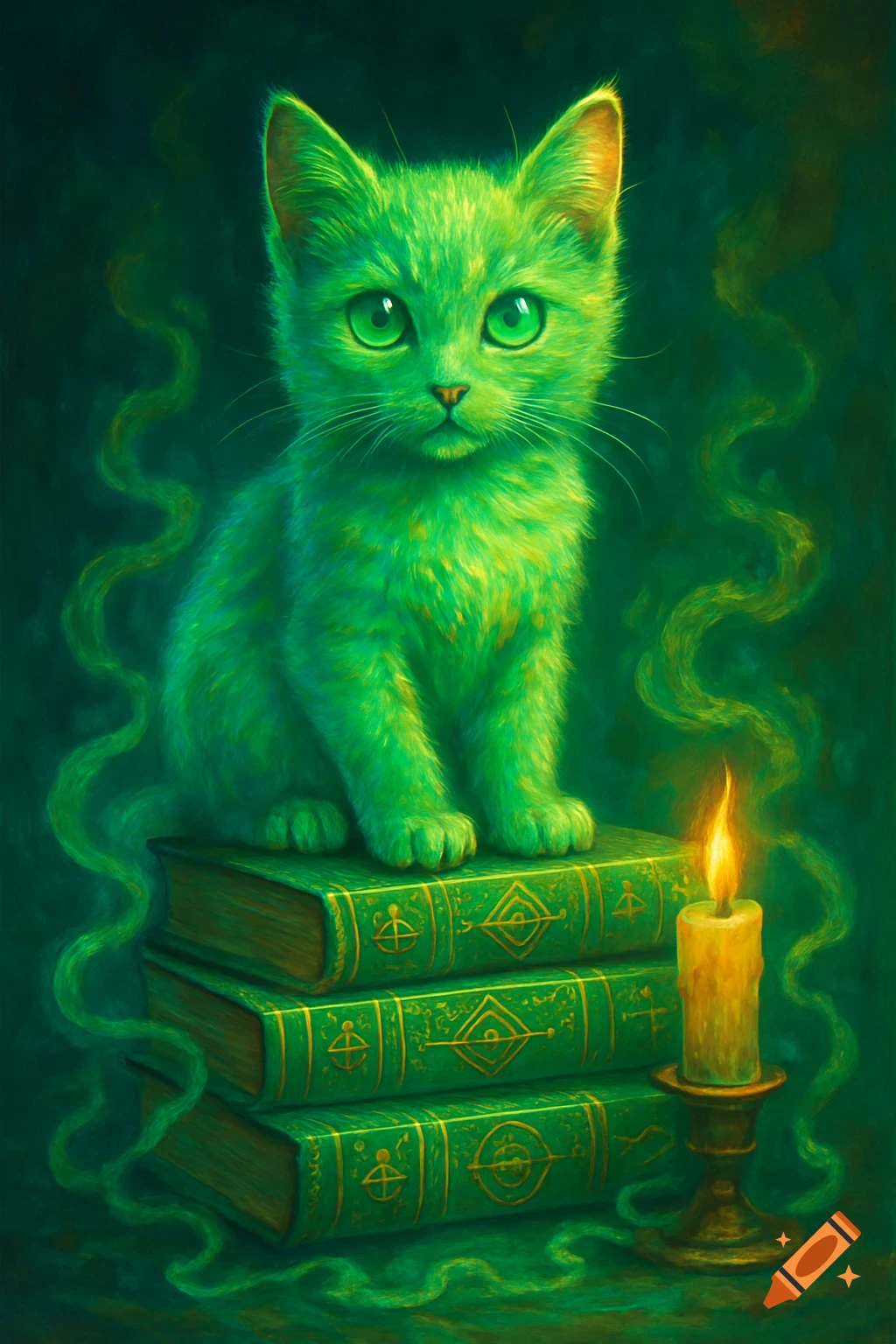 A bright green kitten sits on ornate green books by a lit candle, with green magical wisps in a dark, fantasy art style.