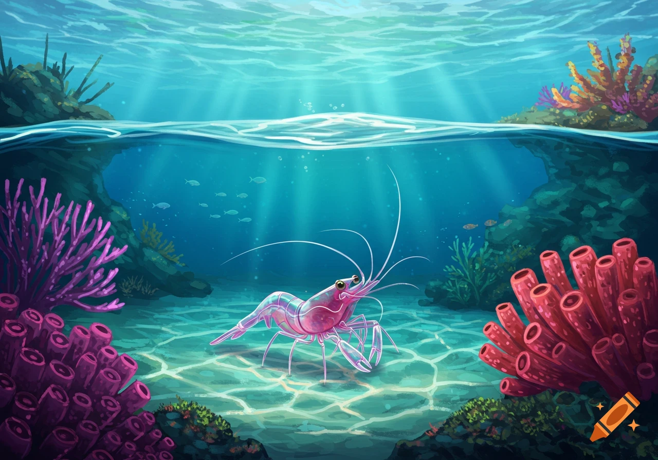 Stylized illustration of a translucent pink shrimp on the ocean floor, surrounded by colorful coral and small fish.