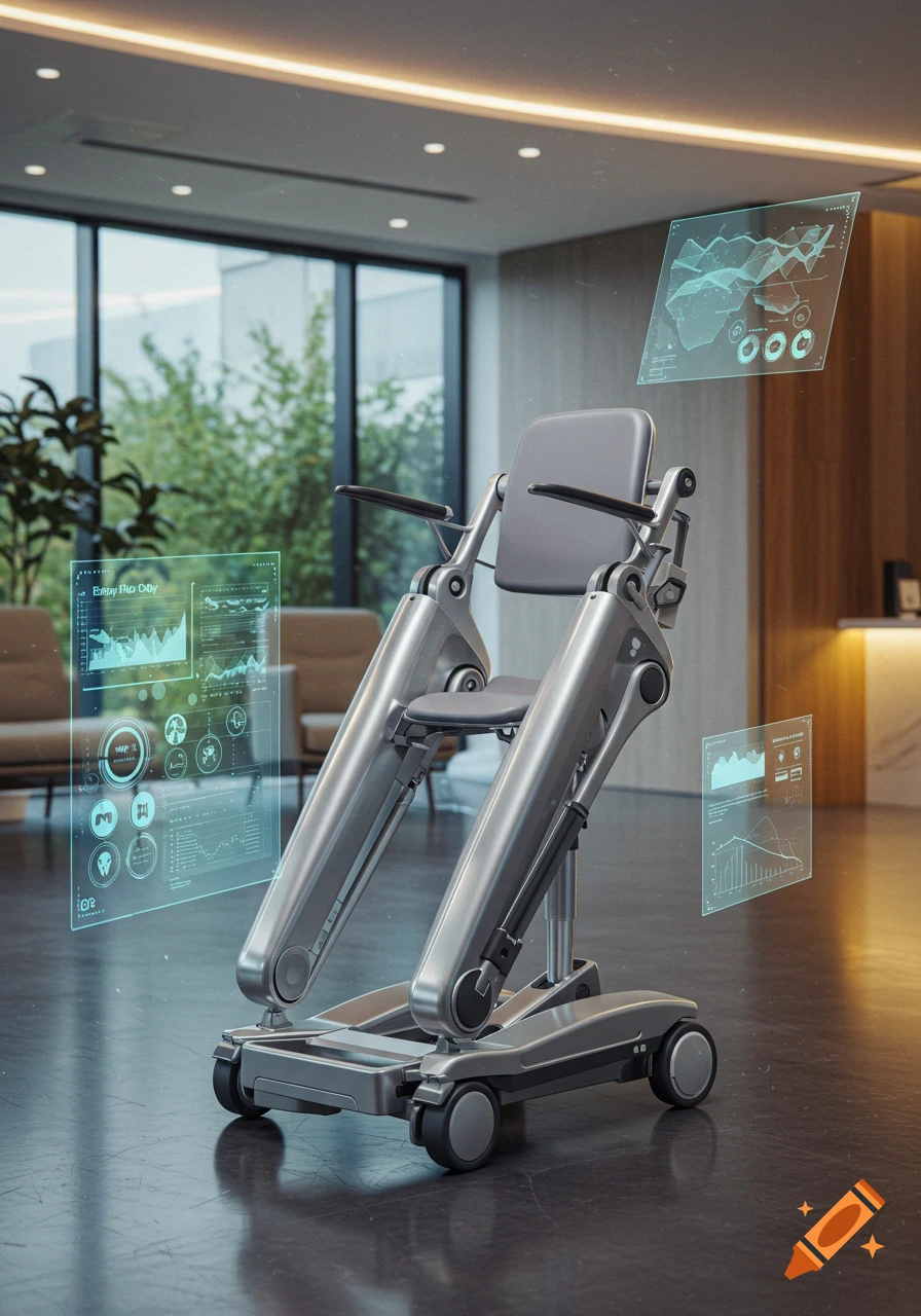 A futuristic silver and grey mobility support device with holographic data screens in a modern, brightly lit interior.