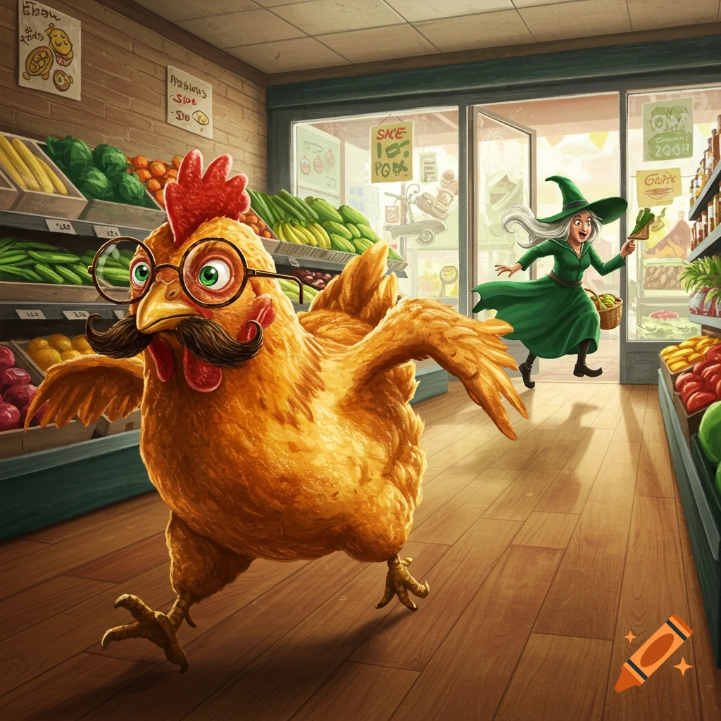 A cartoon chicken with glasses and a mustache chases a green-robed witch out of a brightly lit grocery store.