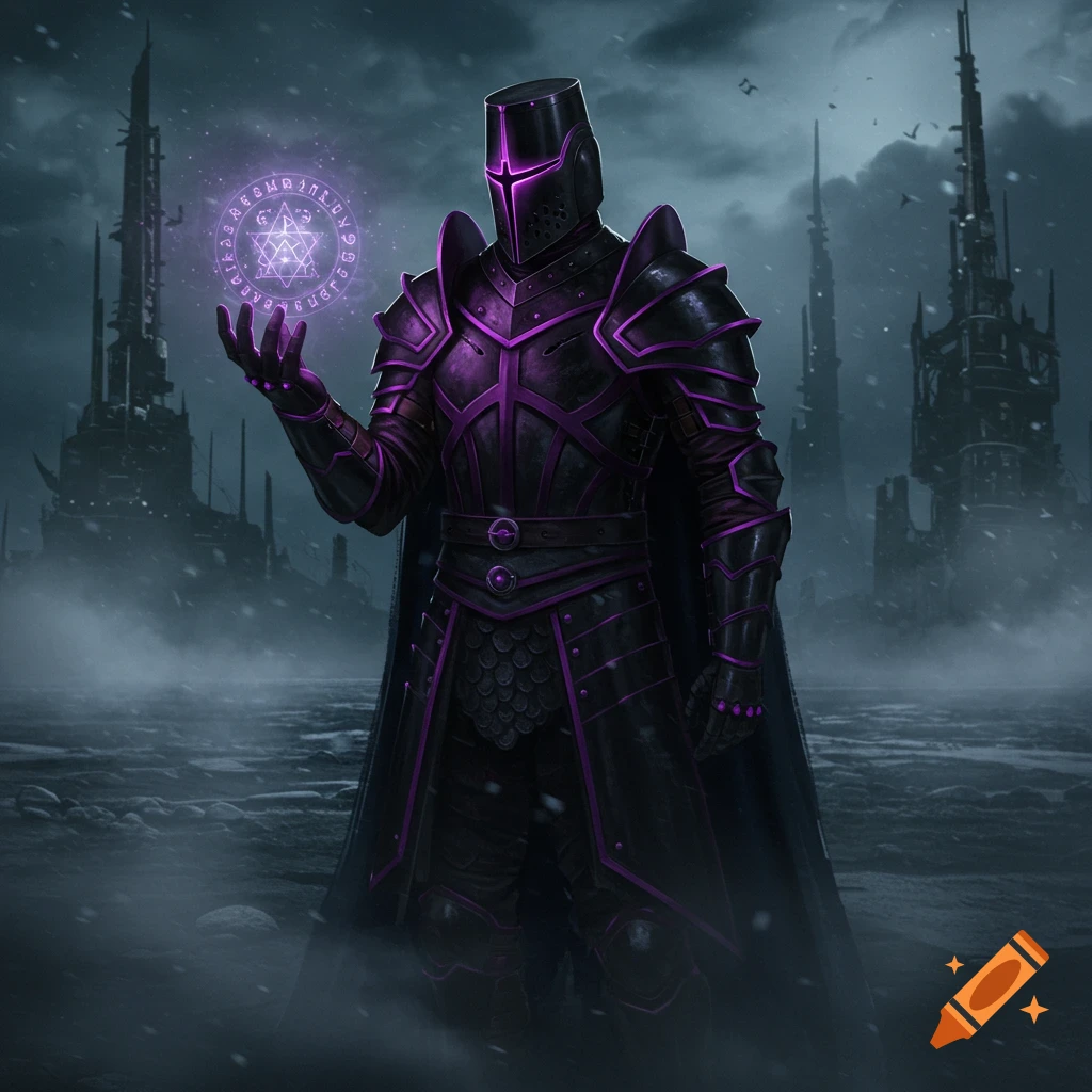 A knight in black armor with purple trim holds a glowing purple orb with runes in a dark, misty landscape with spires.