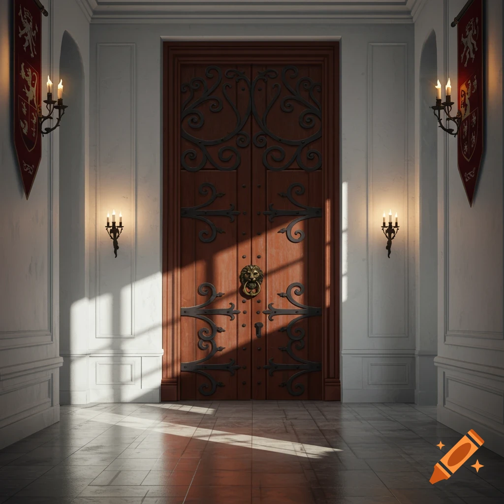 A grand medieval-style wooden door with ornate ironwork and a lion knocker, flanked by white walls with sconces and banners, lit by sunlight.