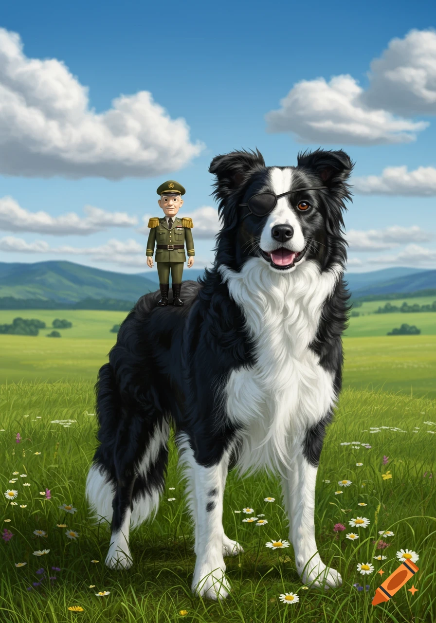 A cartoon general stands on the back of a large border collie wearing an eye patch in a sunny, grassy field.