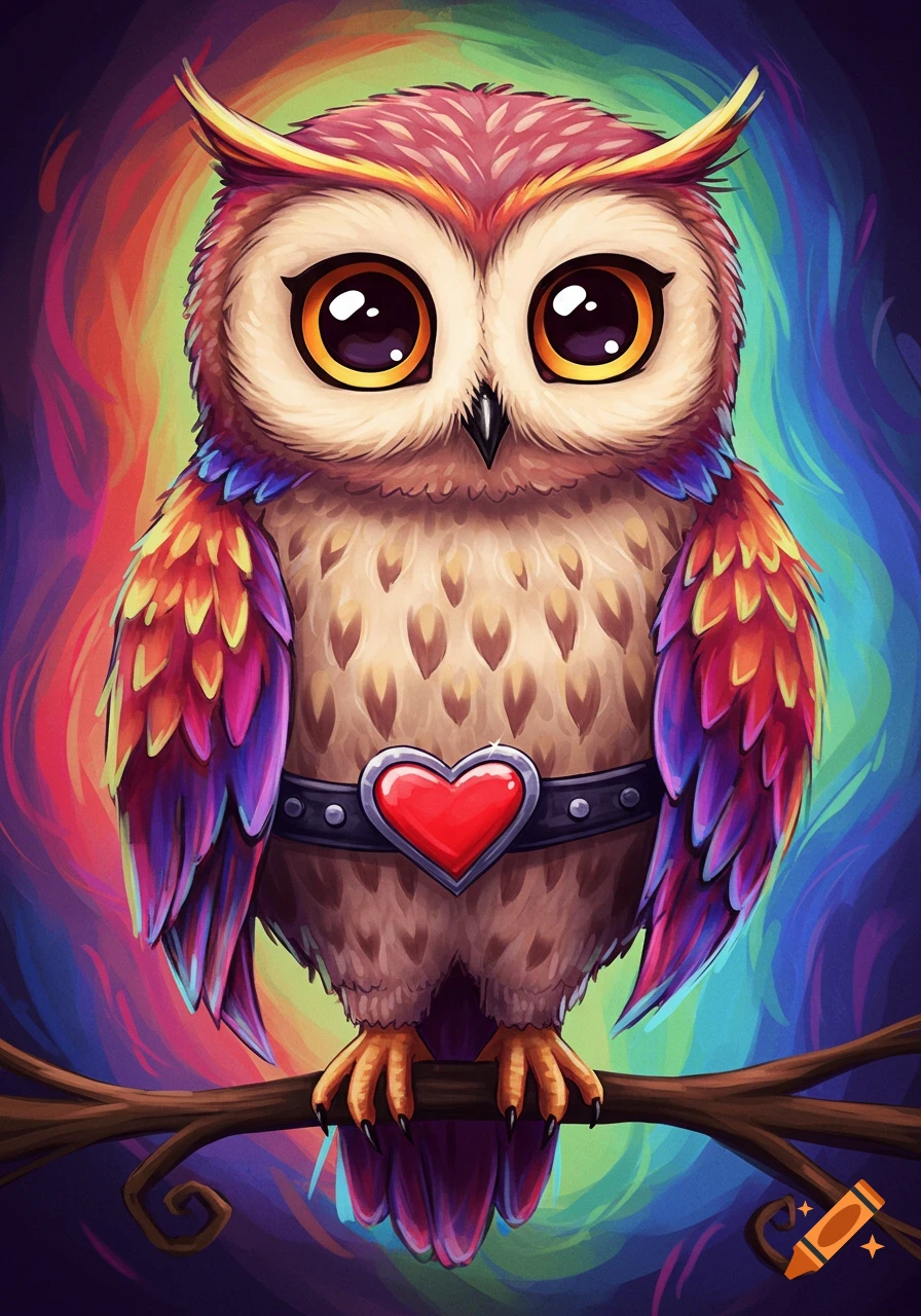 A cute, stylized owl with big eyes and rainbow-colored feathers, wearing a black belt with a prominent red heart buckle, perched on a branch.