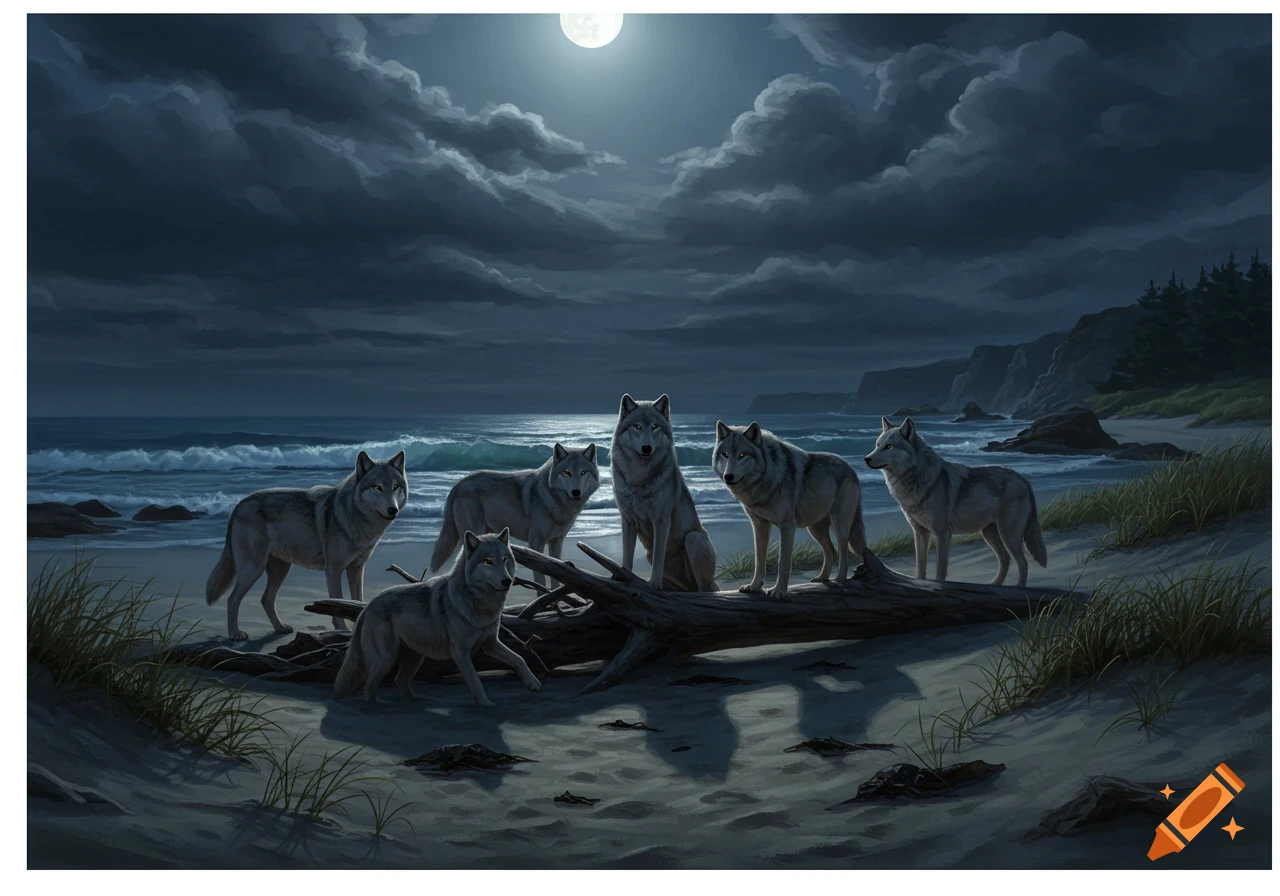 A pack of six wolves on a moonlit sandy beach with crashing waves and a fallen log, digital painting.