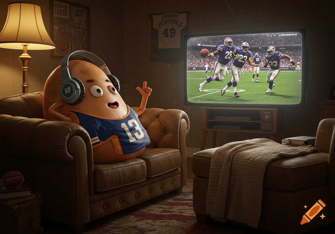 A cartoon potato character wearing headphones and a jersey with number 13, sitting on a couch and watching a football game on TV.