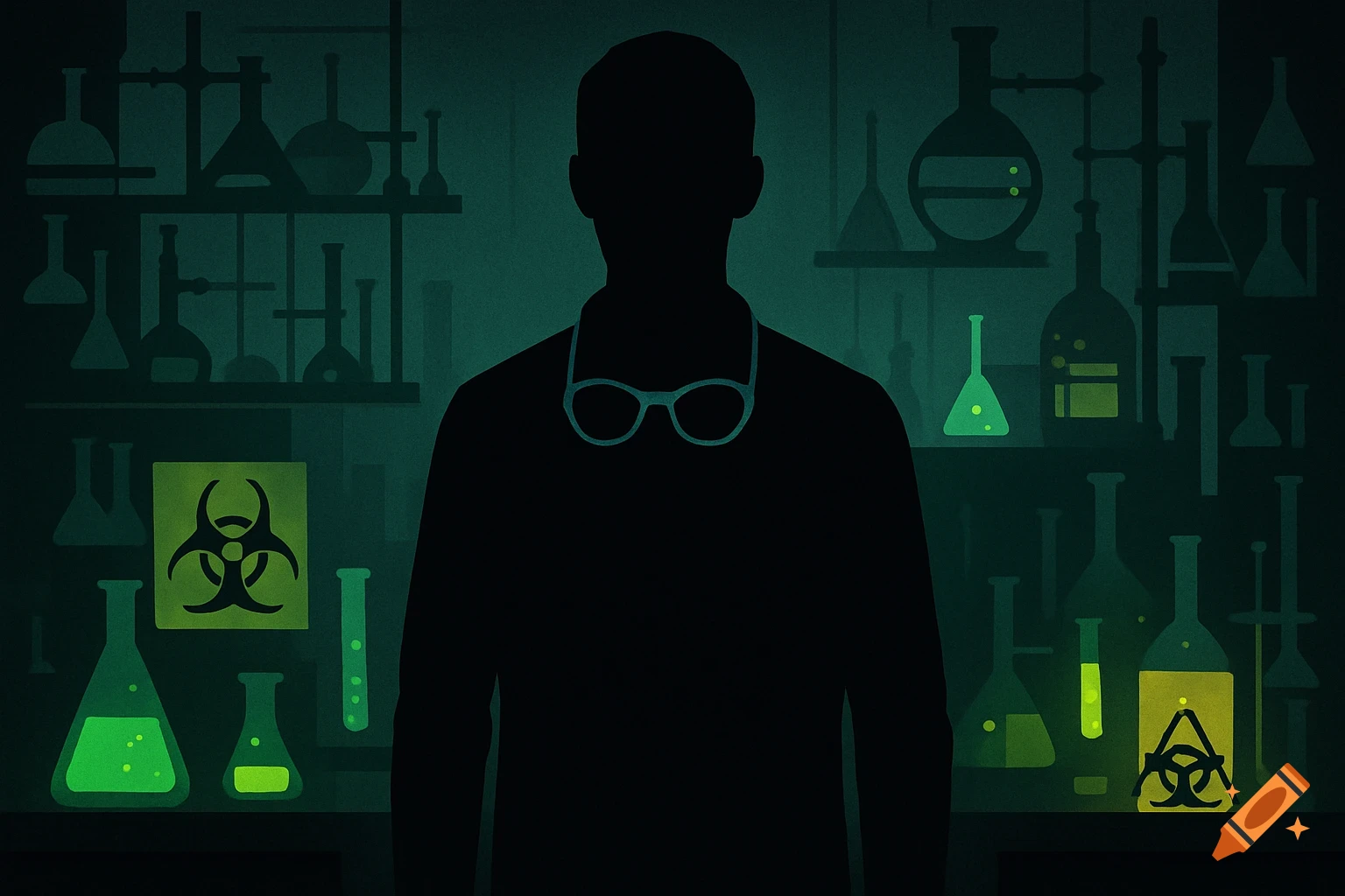 A silhouette of a person with goggles around their neck in a dark, glowing green laboratory filled with beakers and biohazard symbols.