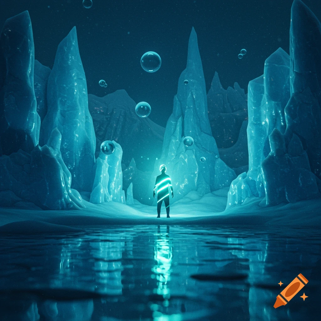 Ethereal digital art of a glowing figure standing in a frozen ice cave with water, surrounded by tall ice formations and floating bubbles.
