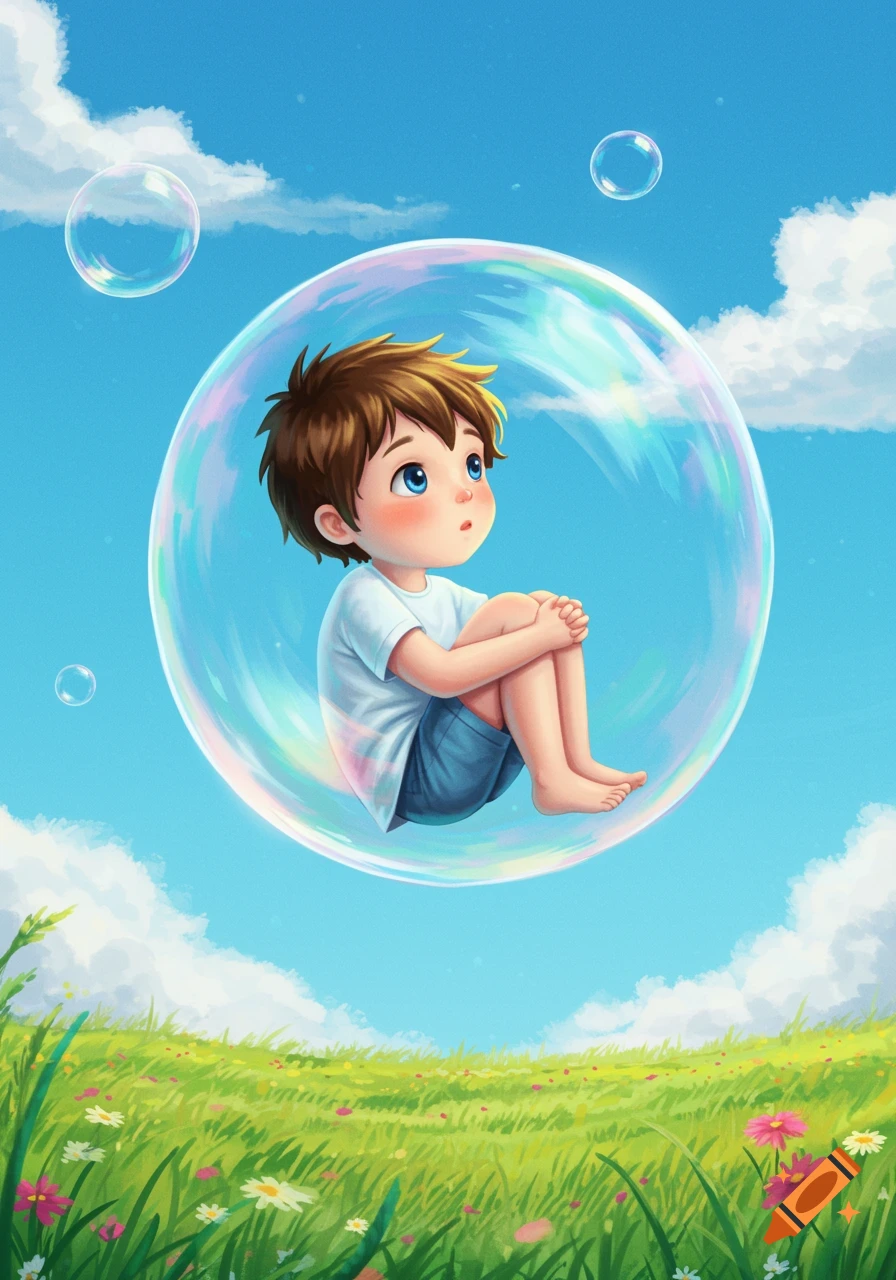 Cute cartoon boy sitting in a large bubble, floating above a grassy field under a blue sky with clouds.