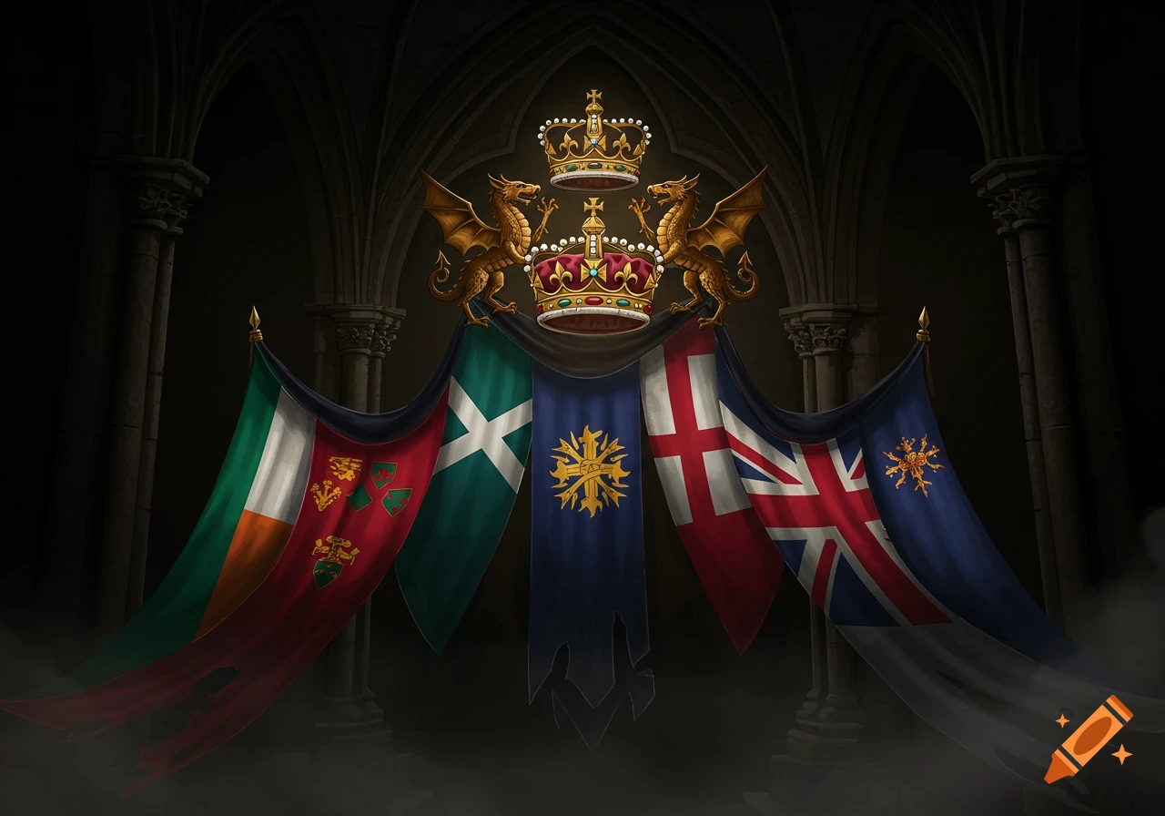 A gothic banner featuring two golden dragons flanking two ornate crowns above a row of flags including Ireland, Scotland, Union Jack, and other heraldic banners, all set against a dark, arched architectural background.