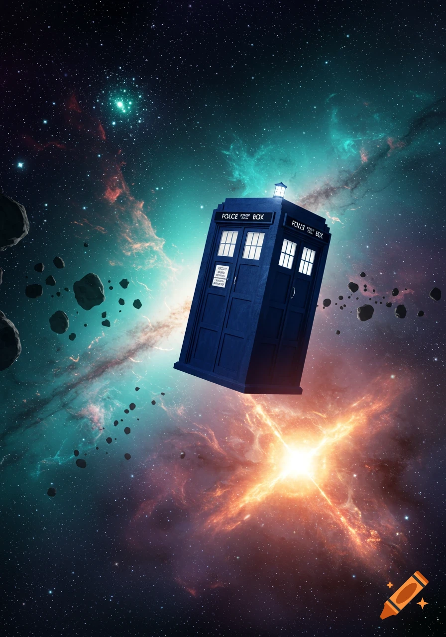 A blue TARDIS police box floats through a vibrant nebula in space, surrounded by asteroids and stars.