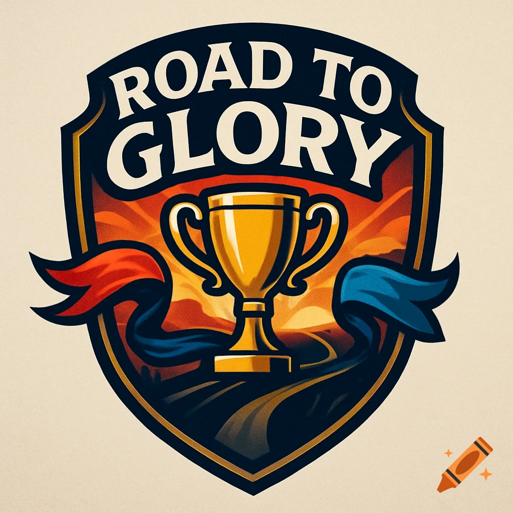 A shield logo featuring a golden trophy, a winding road at sunset, and red and blue ribbons. Bold text reads 'ROAD TO GLORY'.