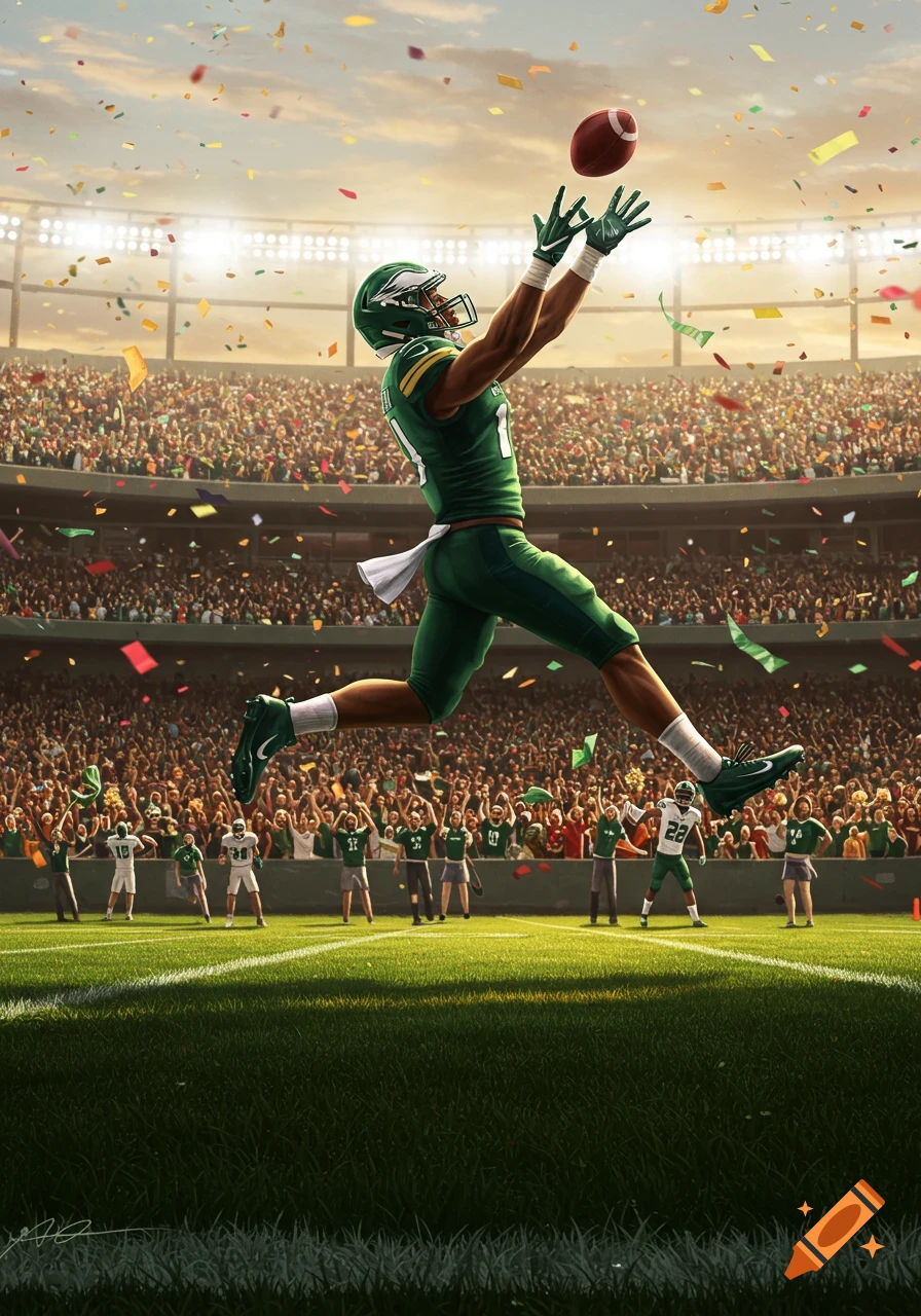 A football player in a green uniform leaps to catch a football in a crowded stadium as confetti falls.