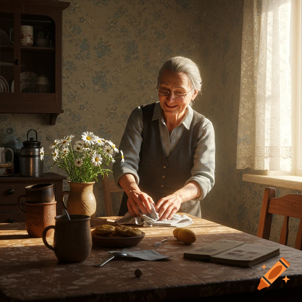 Photorealistic image of a smiling elderly woman wiping a kitchen table, surrounded by flowers, mugs, and sunlight.