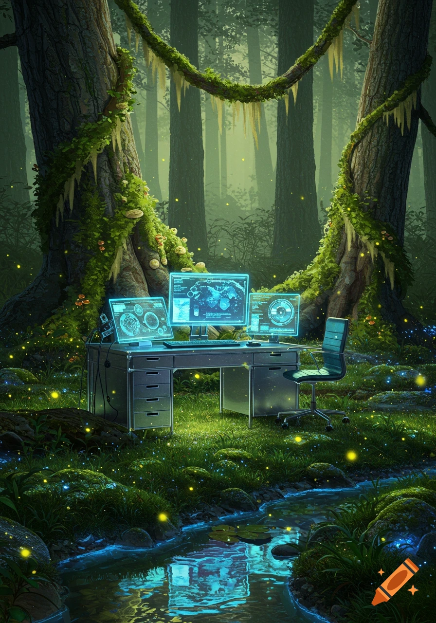 A futuristic cyber desk with glowing monitors sits in a lush, mossy forest with a stream and luminous fireflies, in an illustrative style.