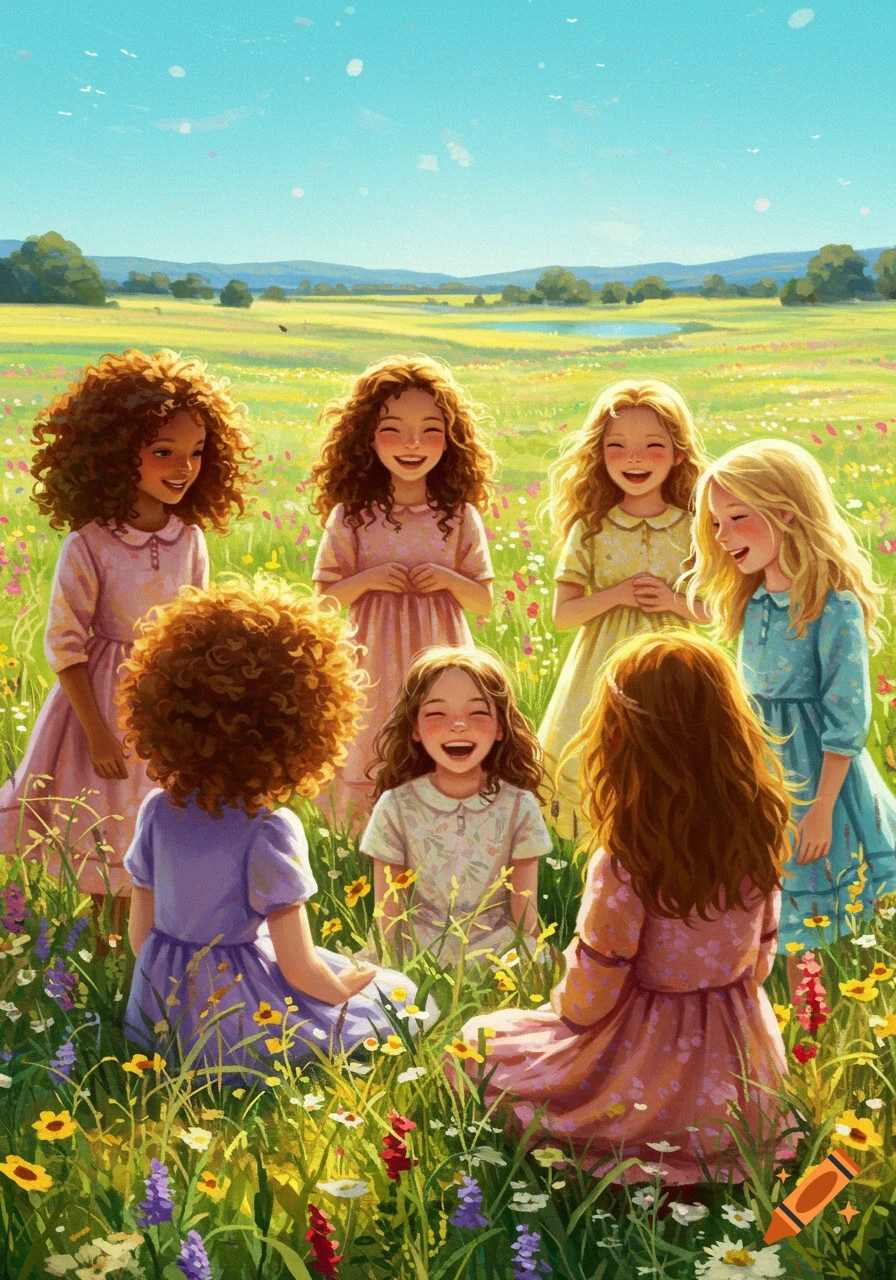 A group of happy young girls with curly hair laughing in a sunny meadow filled with colorful wildflowers, in a painterly style.