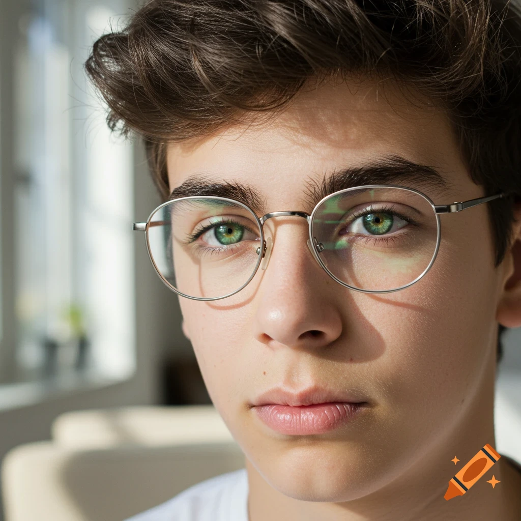 Close-up photorealistic portrait of a teenage boy with dark brown hair, green eyes, and round glasses.