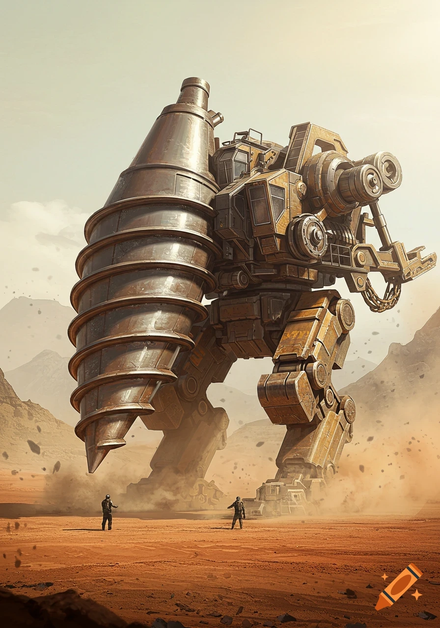 A colossal, rusted drill mech stands in a vast, dusty desert, with two small figures at its base, in a detailed sci-fi style.