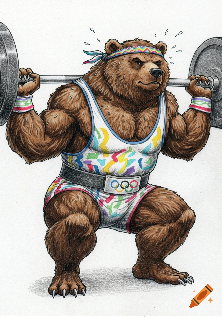 Pencil art drawing of a muscular brown anthropomorphic bear squatting with a barbell, wearing a colorful headband and 90s-style Olympic trunks.