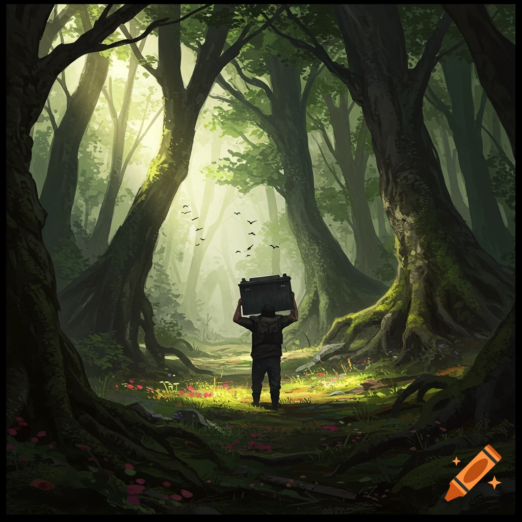 A digital painting of a person seen from behind, carrying a dark box through a sunlit, dense forest path.