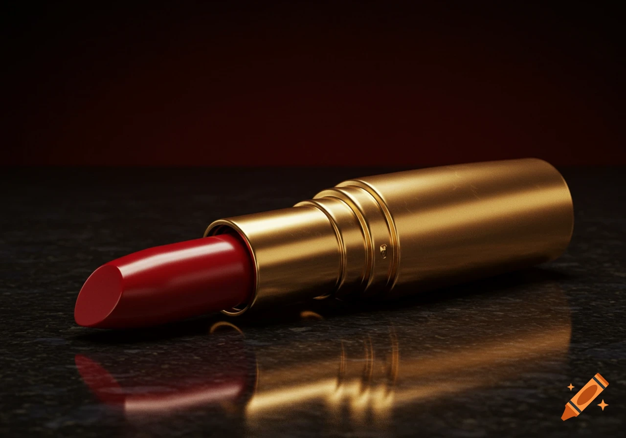 A red lipstick in a gold tube lies on a dark, reflective surface with a deep red background.