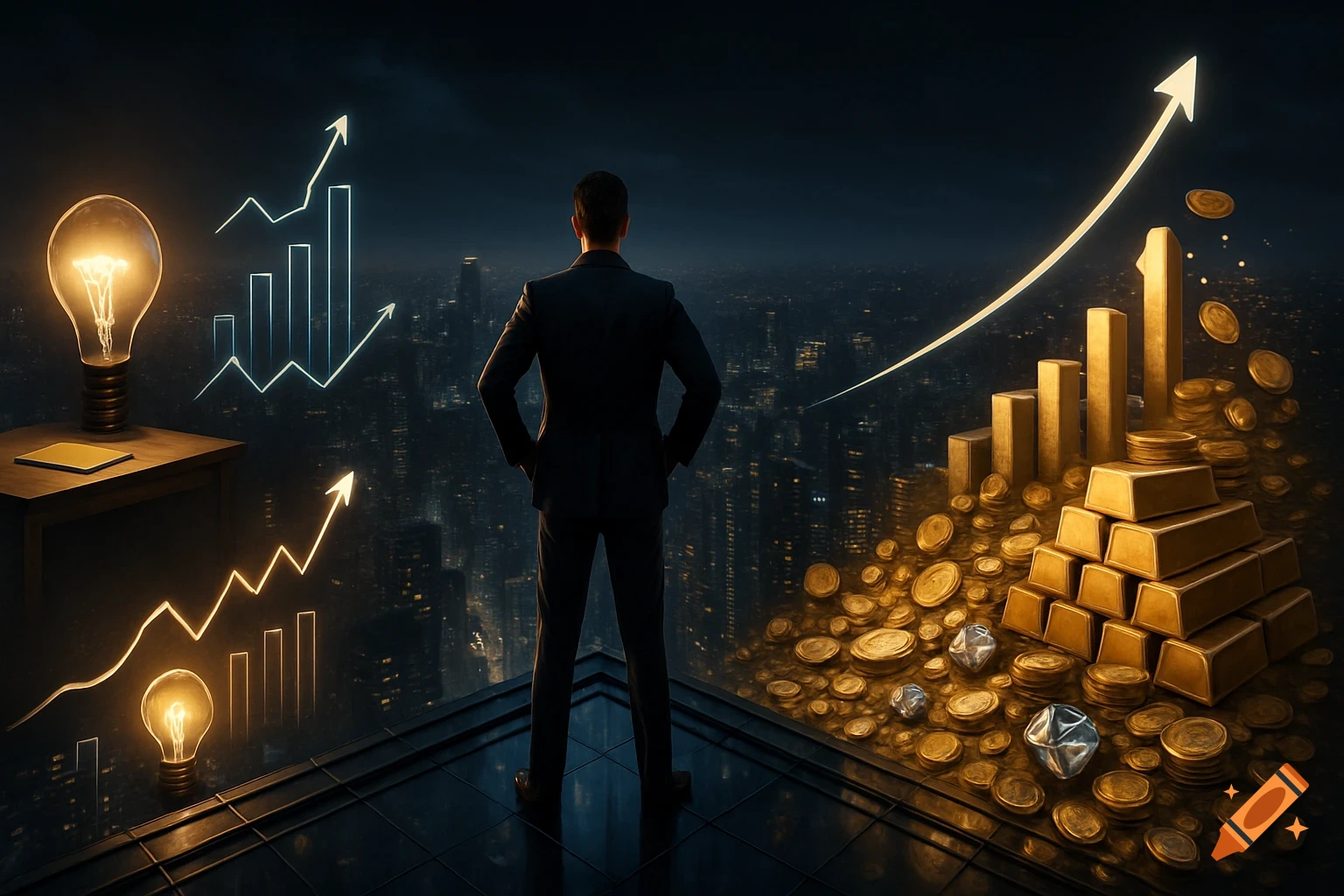 Businessman on a skyscraper rooftop overlooking a city, with lightbulbs, graphs, gold bars, and coins.