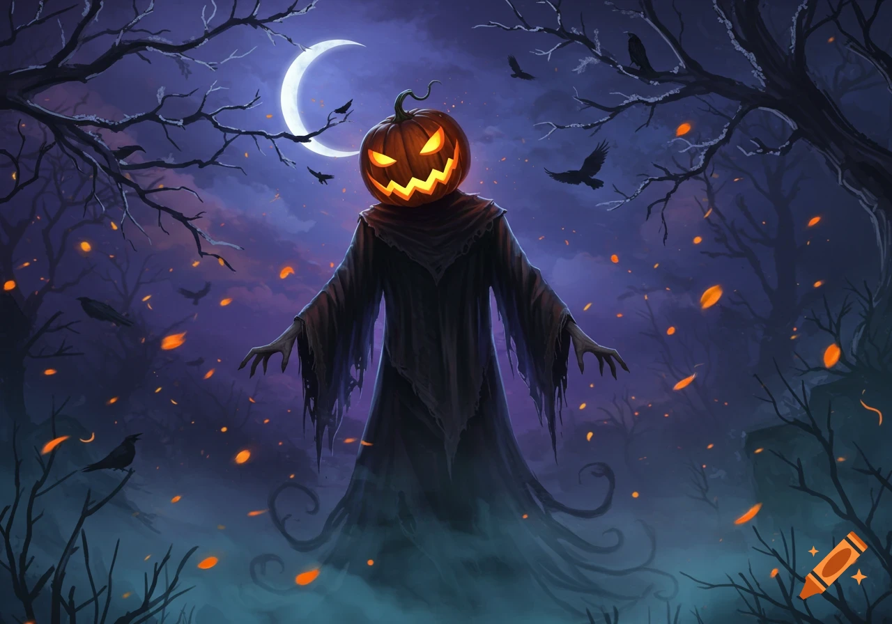 A pumpkin-headed scarecrow-like figure stands in a spooky, moonlit forest with bare trees, crows, and glowing orange leaves.