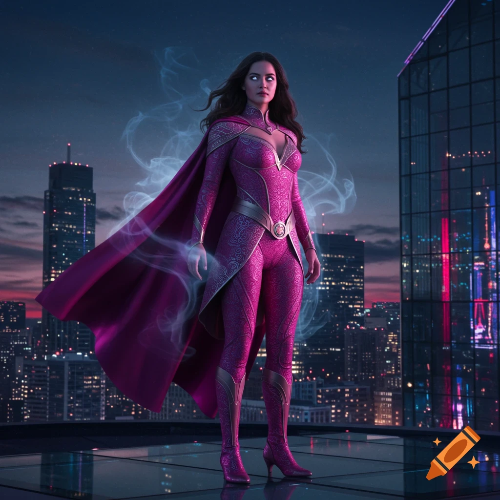 Brunette female superhero in an elaborate pink and gold suit with a cape, glowing eyes, stands on a city rooftop at dusk with glowing energy.