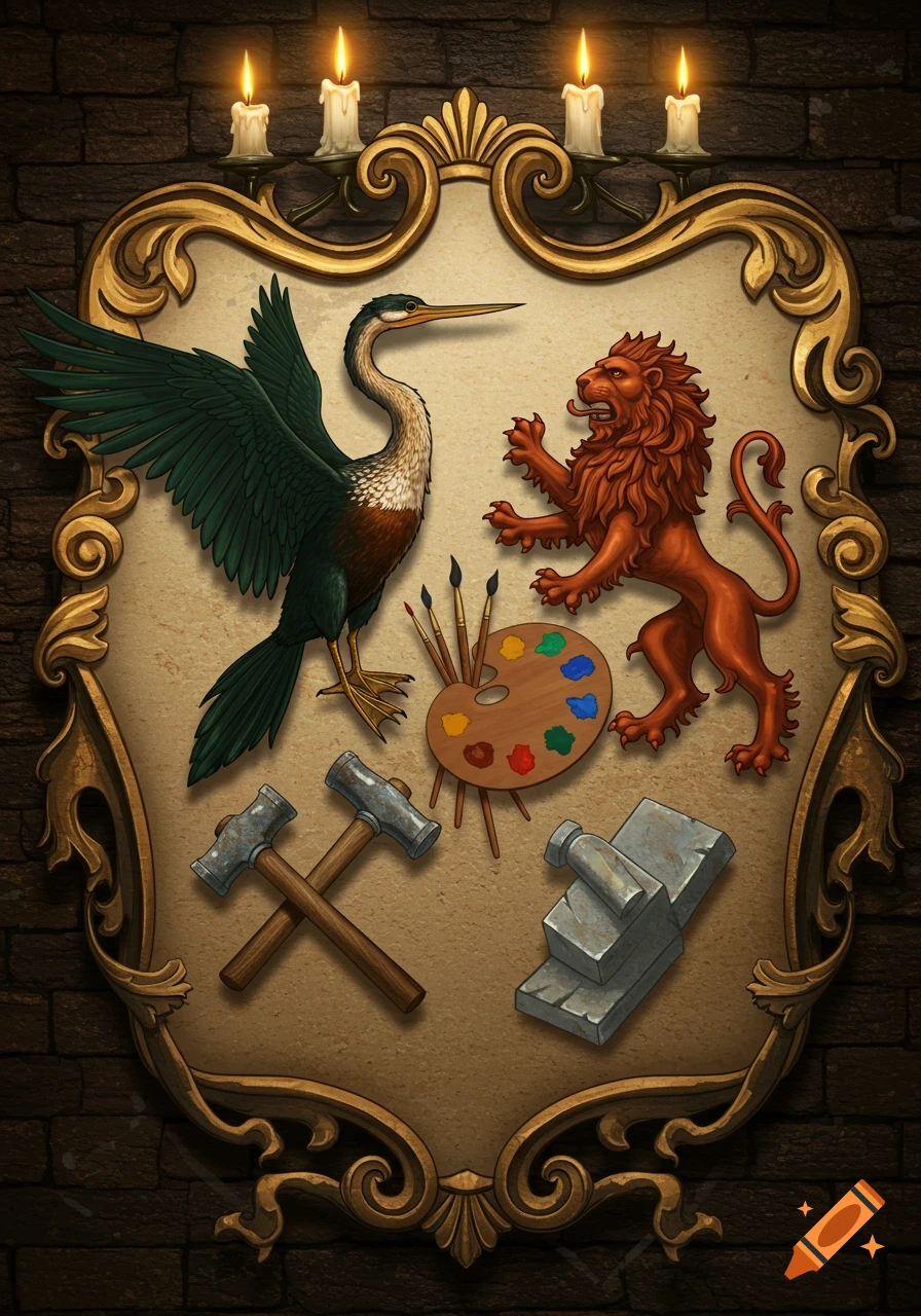 An ornate golden coat of arms features a green Anhinga bird, a red lion rampant, an artist's palette, and crossed hammers, set against a brick wall with candles.