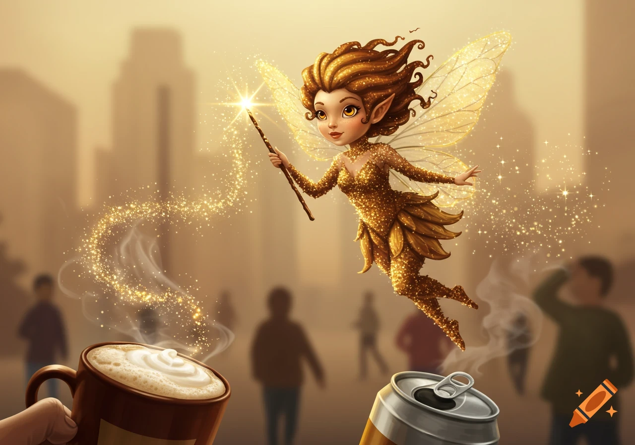 A cute, golden-haired fairy in a sparkly dress flies over a blurred city, sprinkling magic dust on a steaming coffee cup and an energy drink can.