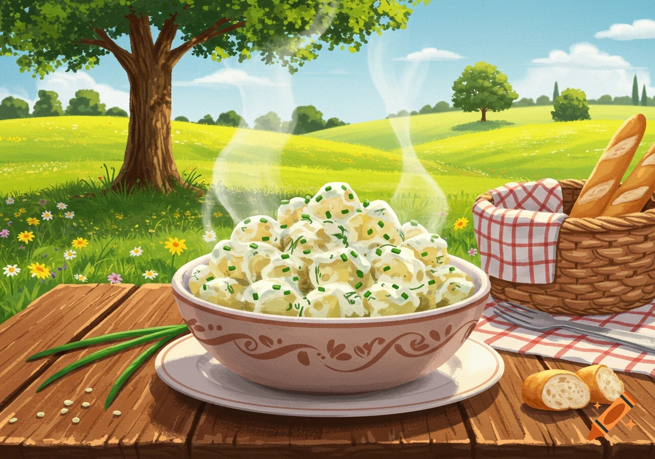 A bowl of steaming potato salad with chives on a wooden table in a sunny, grassy field with a picnic basket and baguettes in an illustrative style.