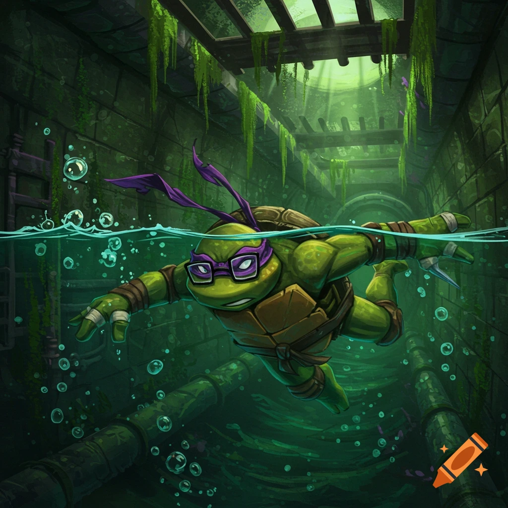 Donatello, the Ninja Turtle, wearing glasses and a purple mask, swims underwater in a green, mossy sewer with bubbles.