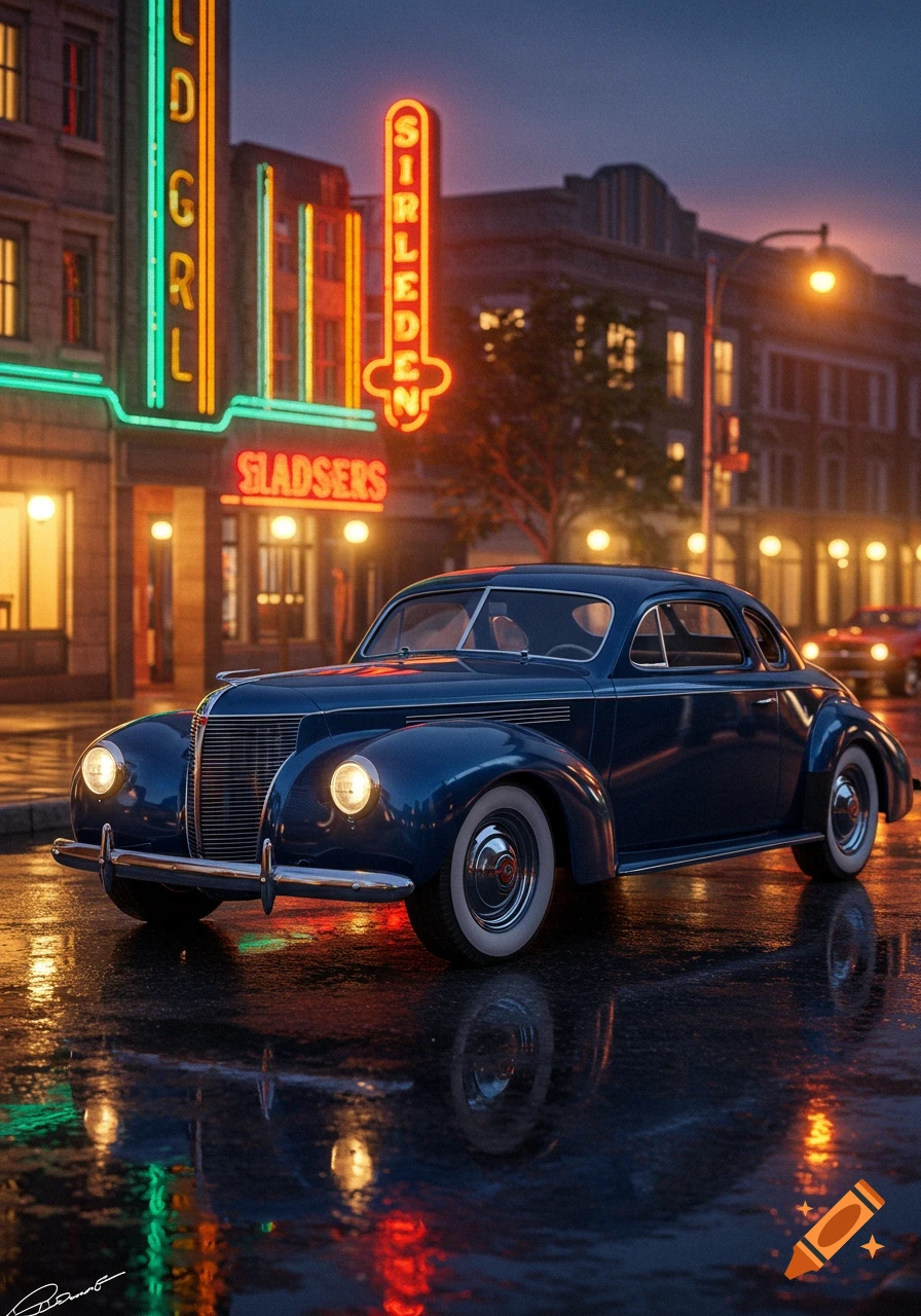 A dark blue vintage 1939 Streamline Moderne coupe is parked on a wet city street at night, reflecting neon signs from buildings.