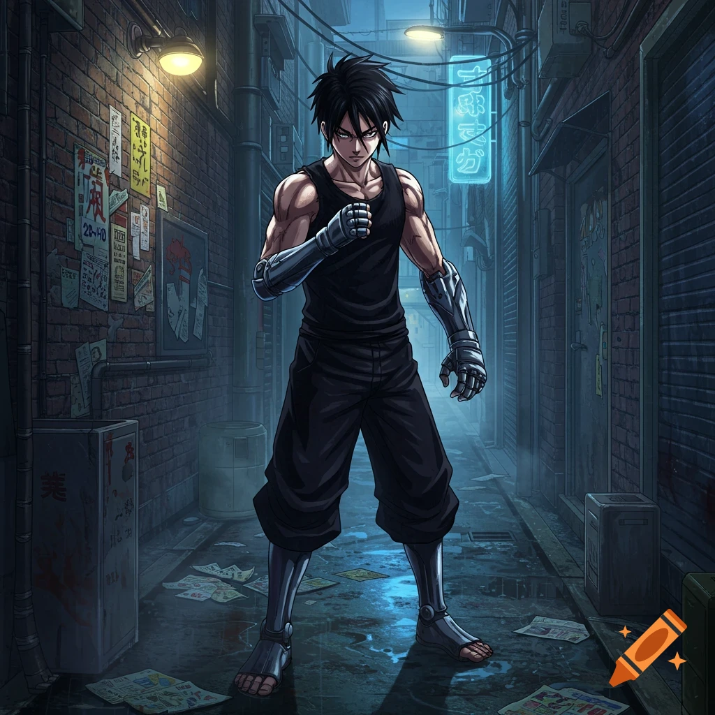 Anime fighter with dark hair and cybernetic arm and leg enhancements stands in a gritty, neon-lit urban alley.