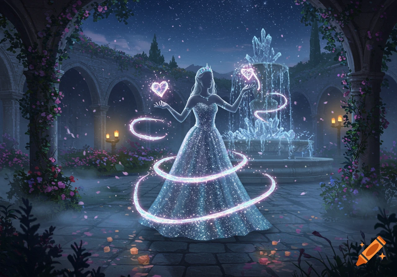 A princess in a sparkling gown performs magic with glowing hearts in an enchanted garden at night, with ruins and a crystal fountain.