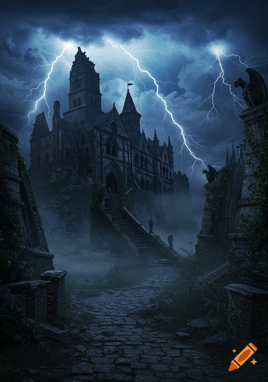 A dark, dilapidated gothic castle under a stormy, lightning-filled sky, with a foggy cobblestone path leading up to its overgrown steps.