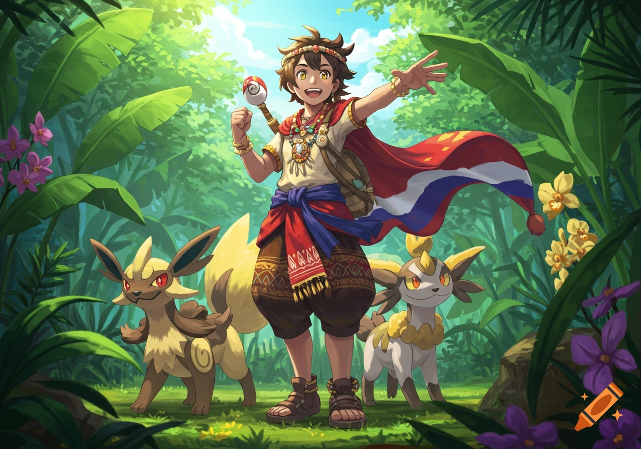 A smiling Thai Pokémon trainer in traditional-inspired attire stands in a lush jungle with two brown, furry Pokémon, one resembling a Flareon, beside him. He holds a Pokéball-topped staff and extends his hand.