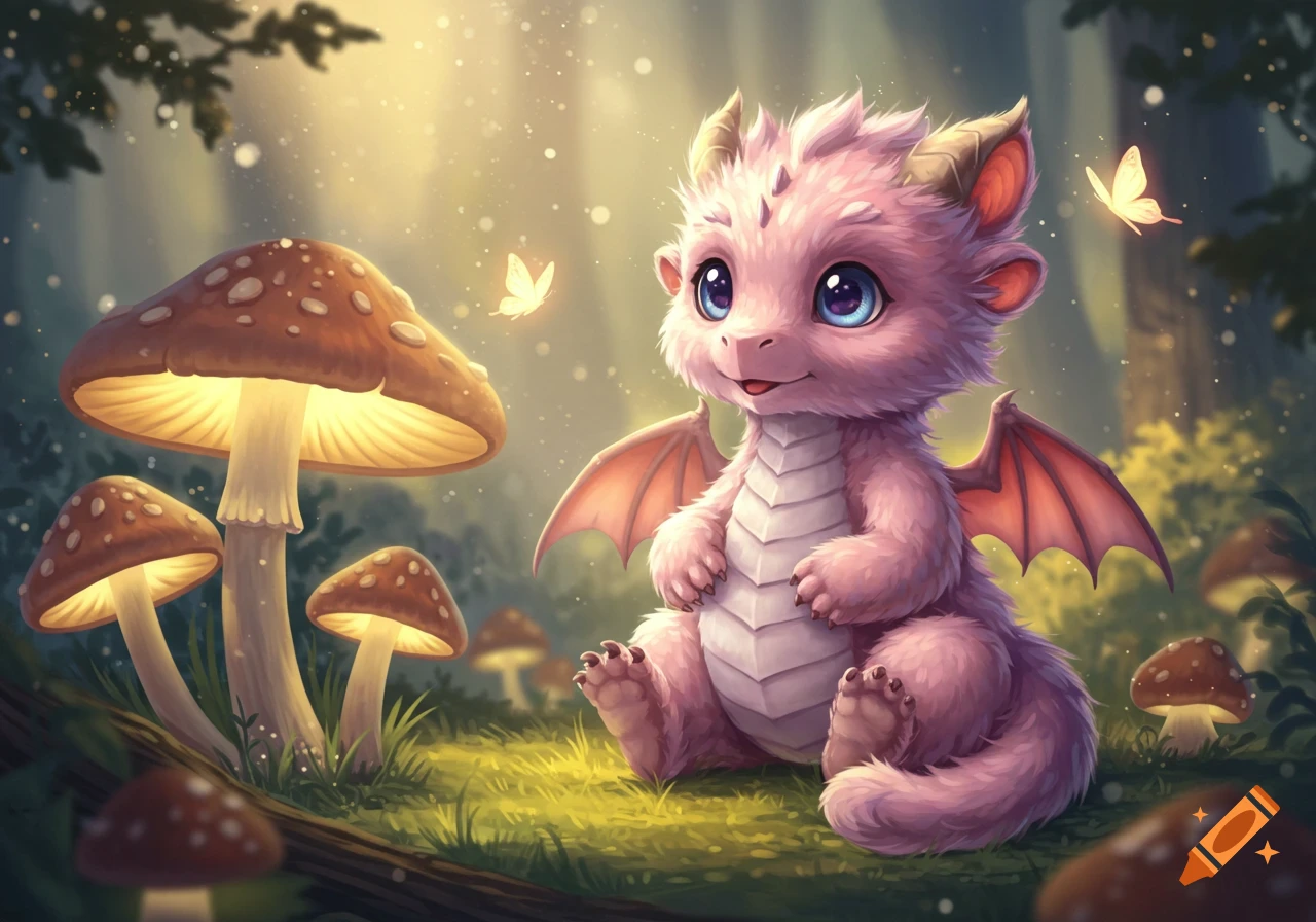 A cute pink baby dragon with large blue eyes sits in a magical forest clearing filled with glowing mushrooms and butterflies.