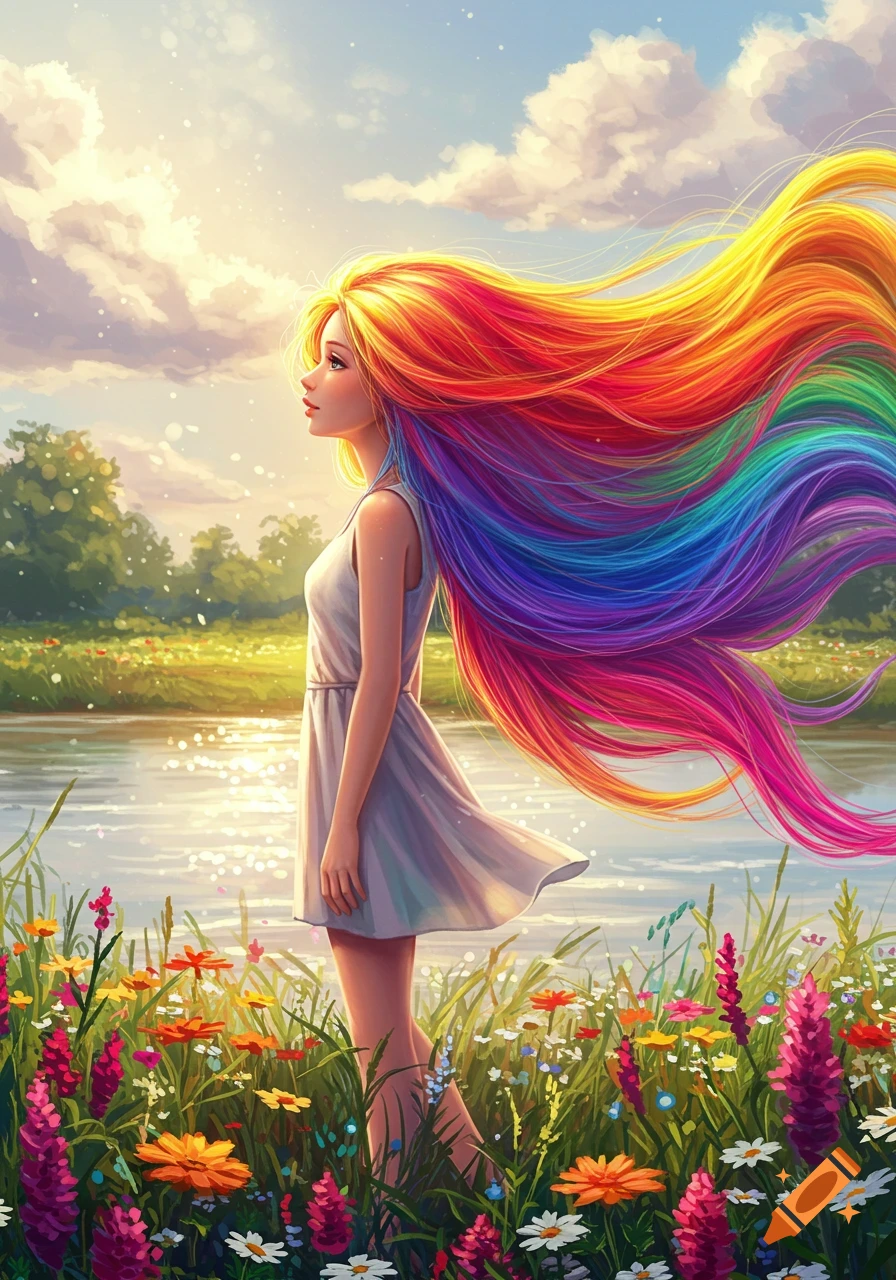A girl with long, flowing rainbow hair stands by a sparkling river in a field of colorful wildflowers, under a bright sky.
