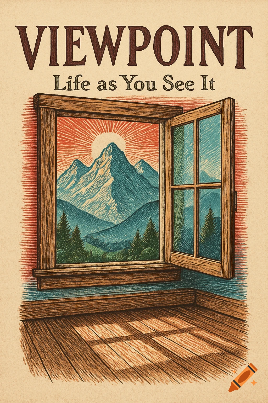 Vintage illustration of a window framing a mountain landscape with a rising sun, above text 'VIEWPOINT Life as You See It'.