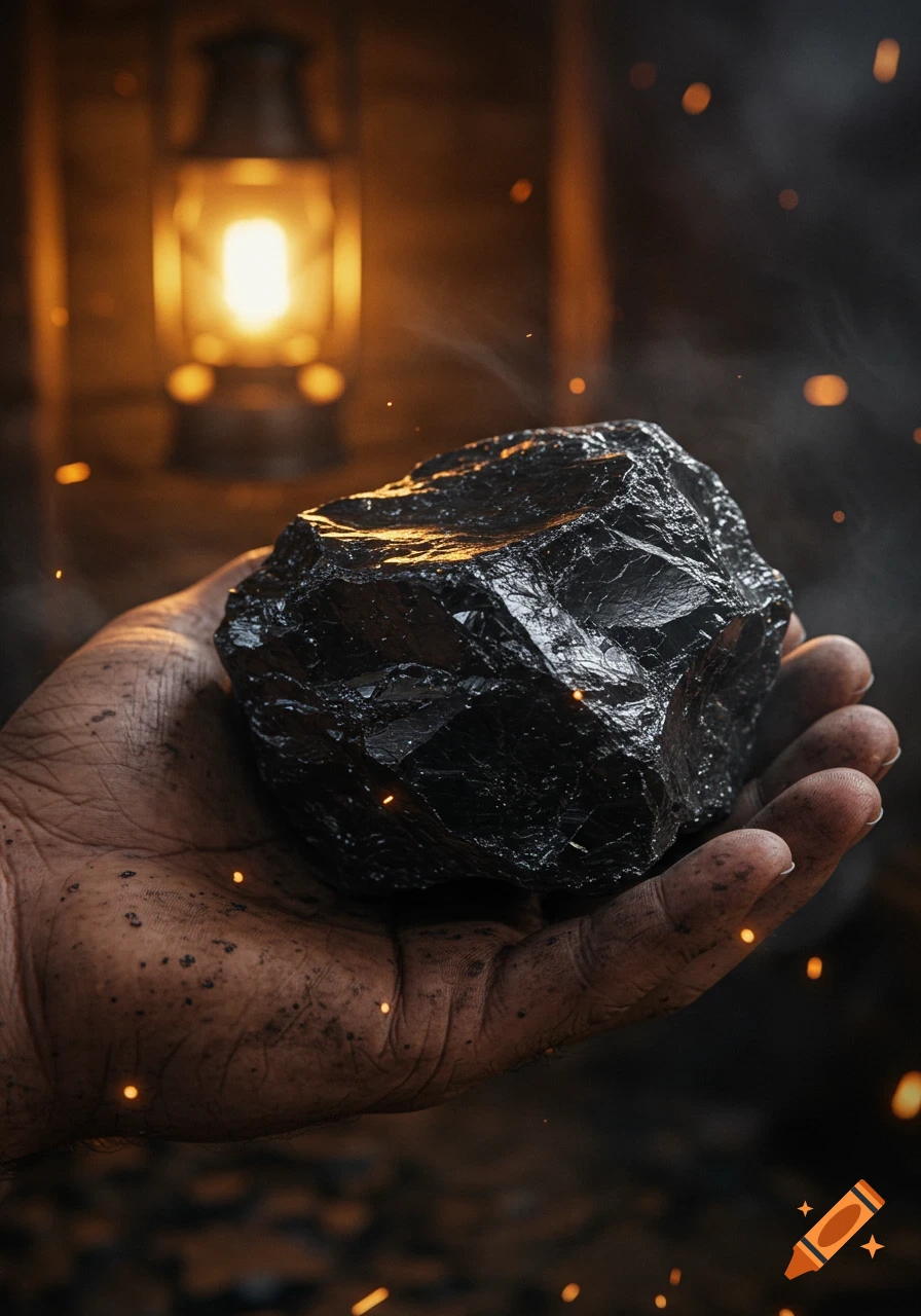 A dirty hand holds a large, jagged piece of coal, lit by a warm lantern glow and surrounded by sparks and smoke in a dark setting.